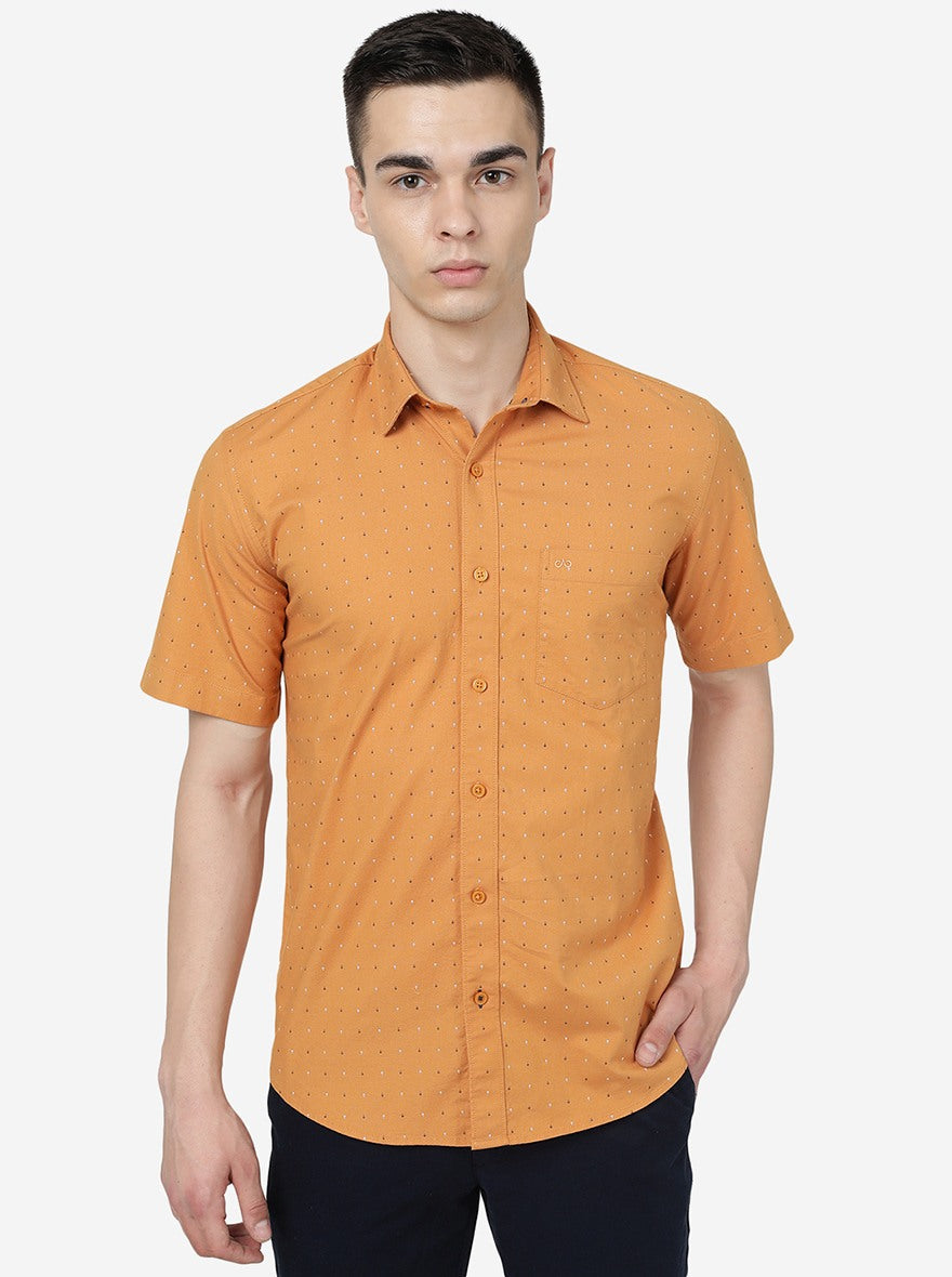 Apricot Orange Printed Slim Fit Semi Casual Shirt | Pehervi