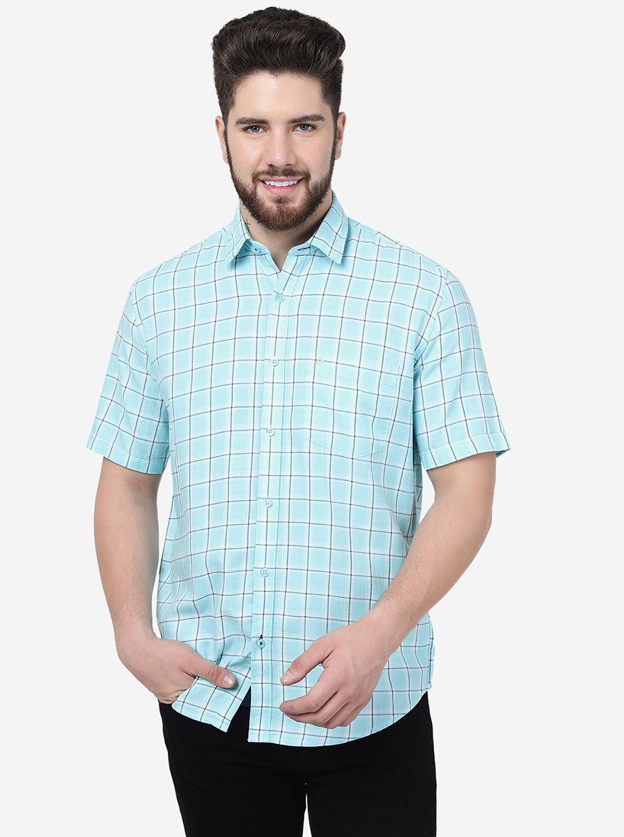Aqua Blue Checked Smart Fit Semi Casual Shirt | Pehervi