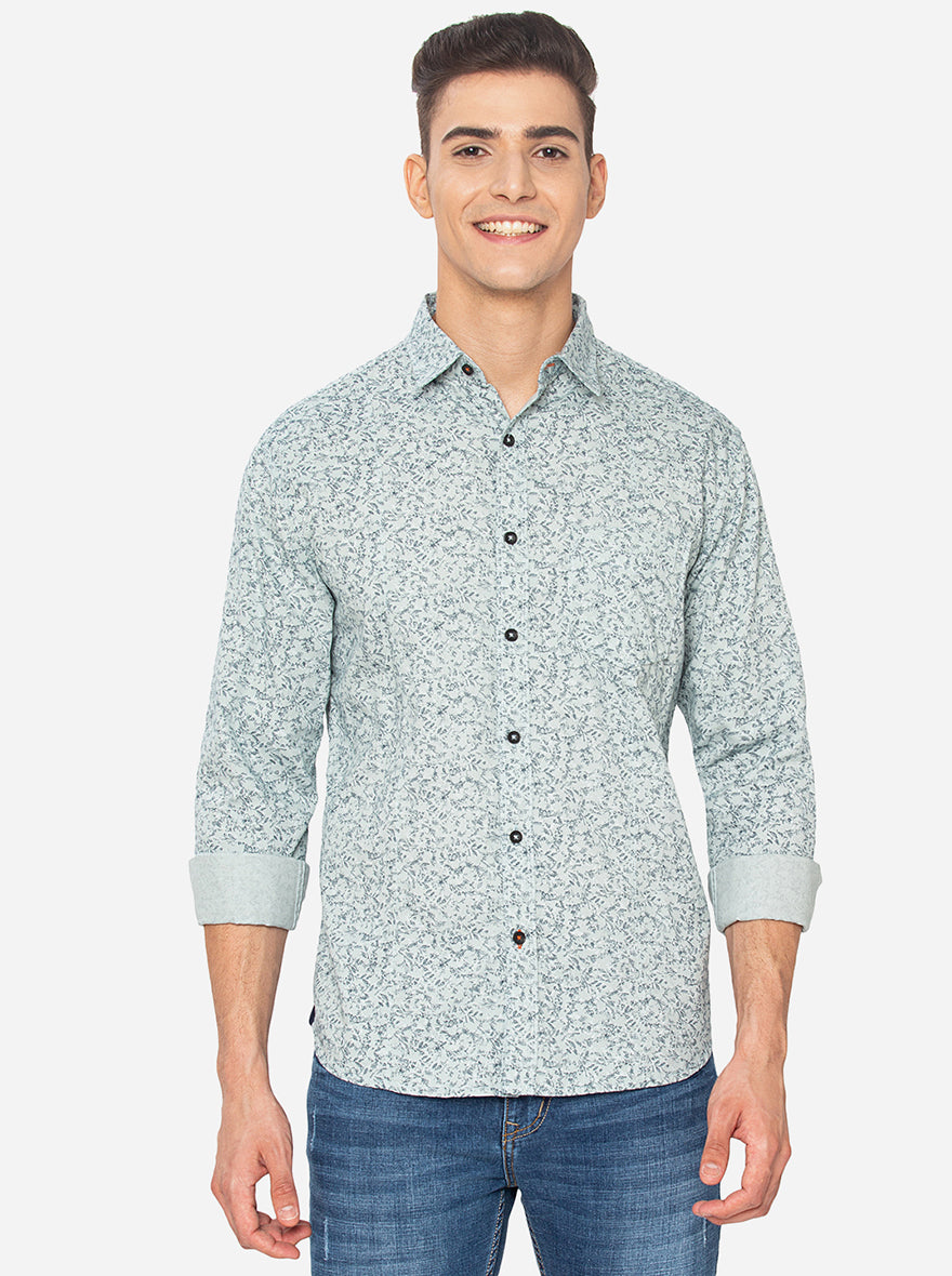 Aqua Green Printed Slim Fit Semi Casual Shirt | Pehervi