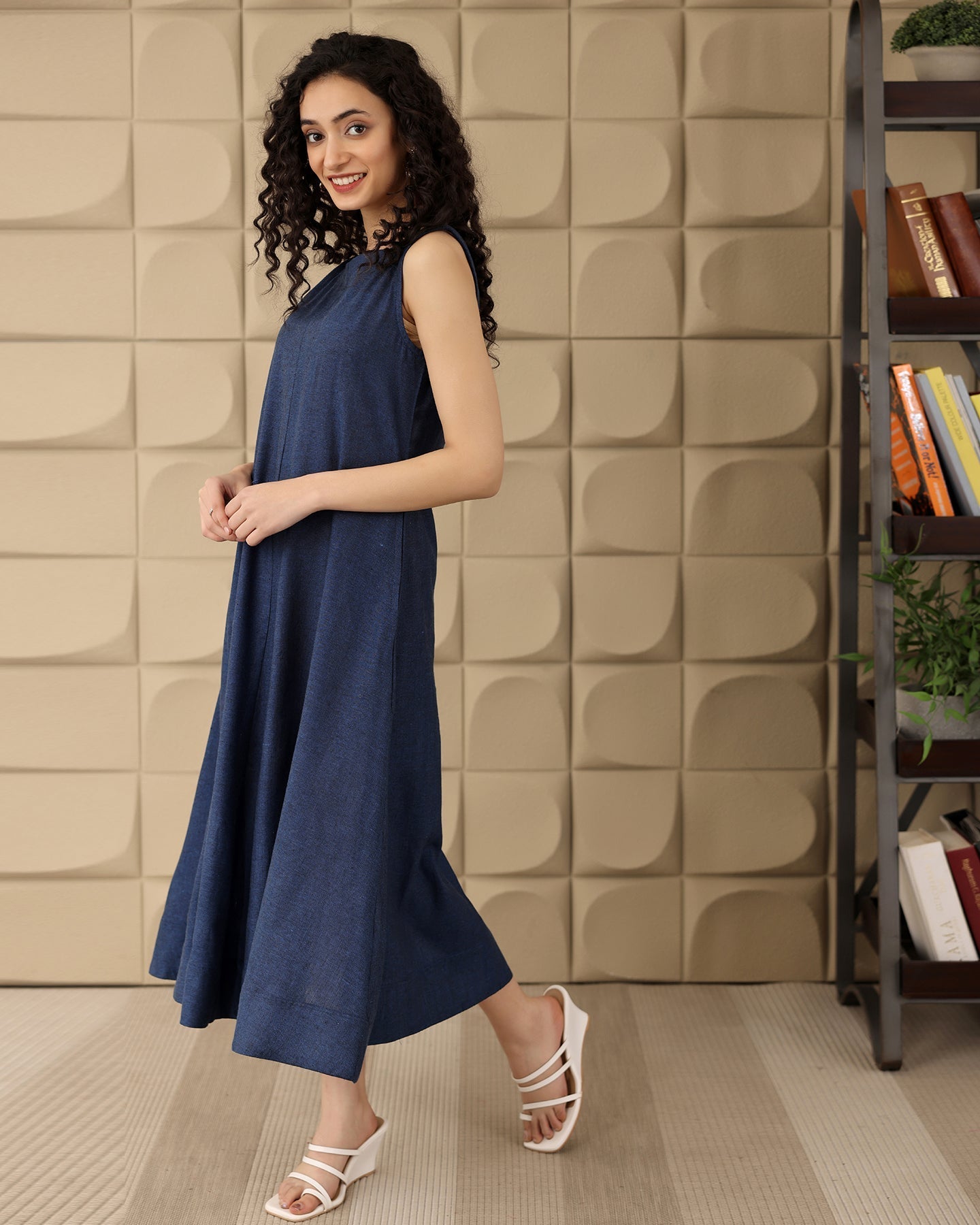 A-line Navy Cotton Midi Dress