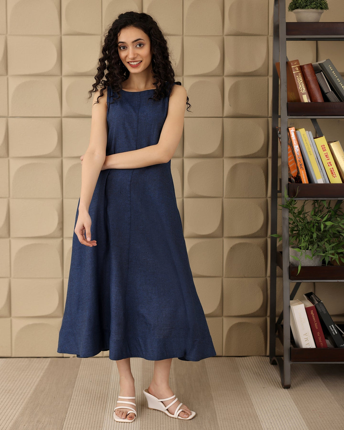 A-line Navy Cotton Midi Dress