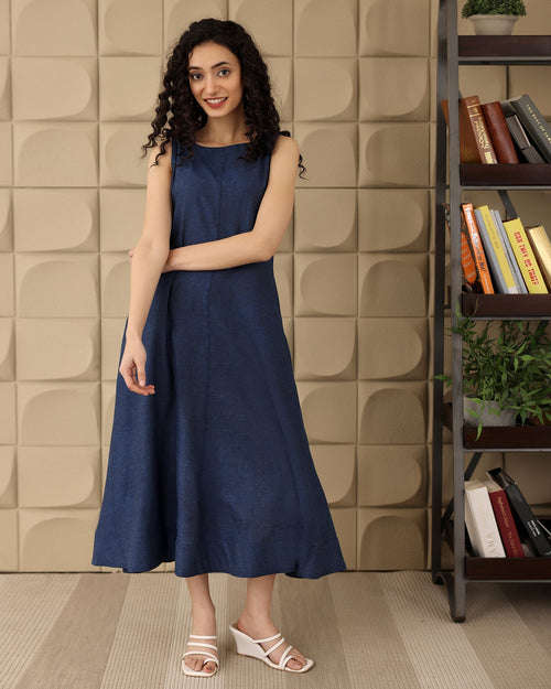 A-line Navy Cotton Midi Dress