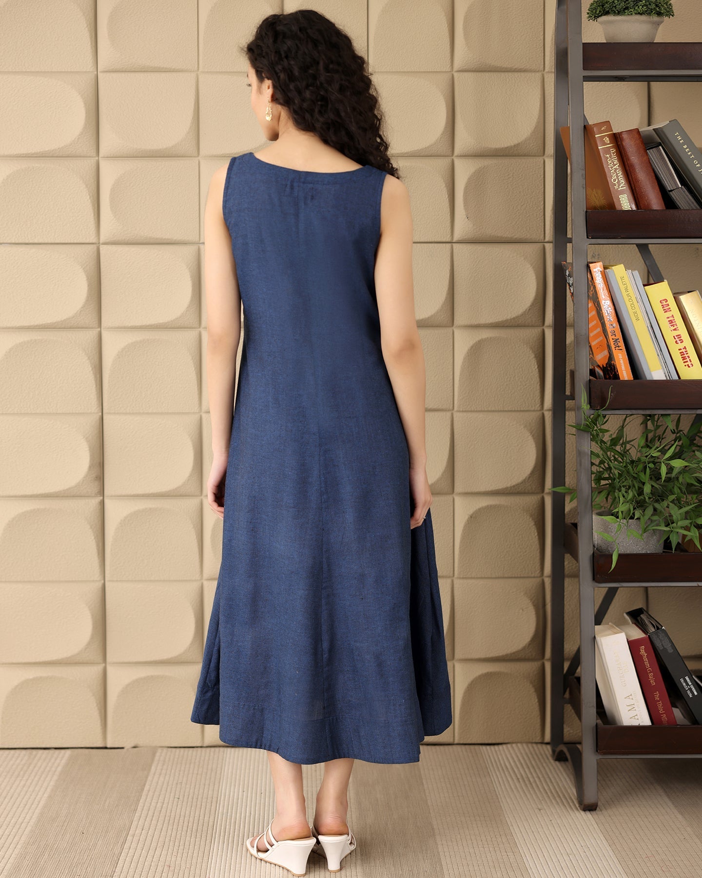 A-line Navy Cotton Midi Dress