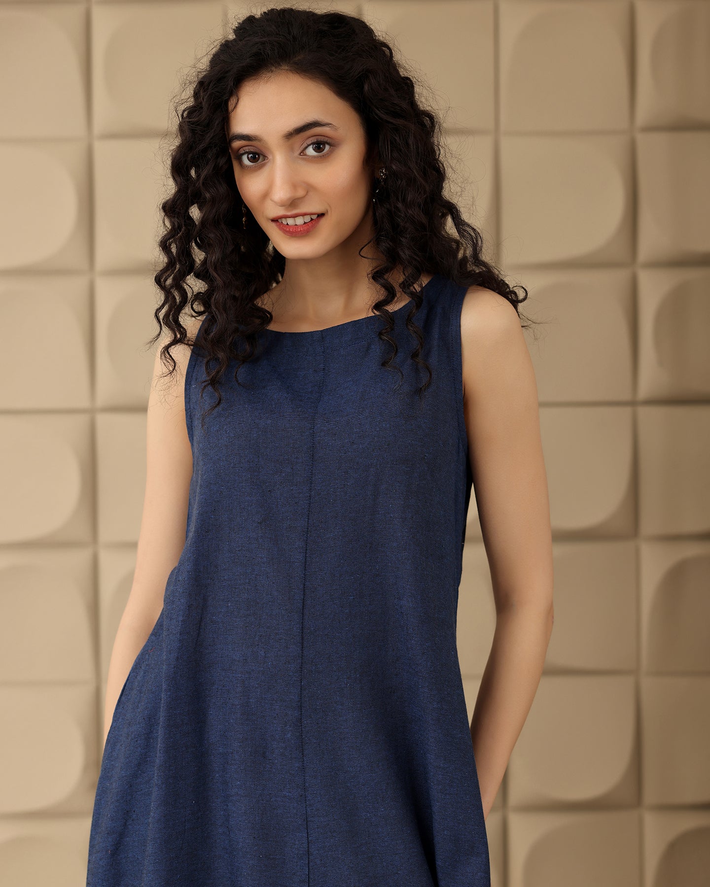 A-line Navy Cotton Midi Dress