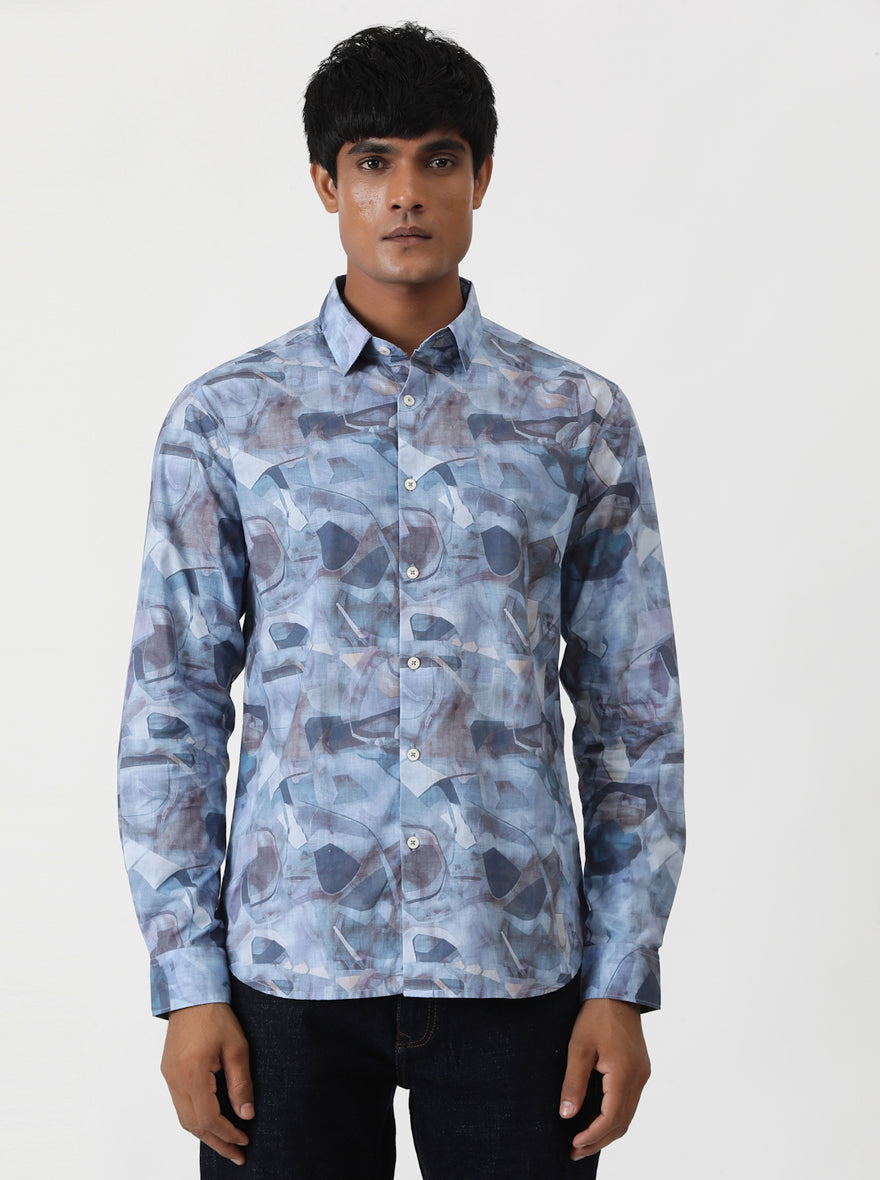 Aqua Blue Printed Slim Fit Casual Shirt | pehervi