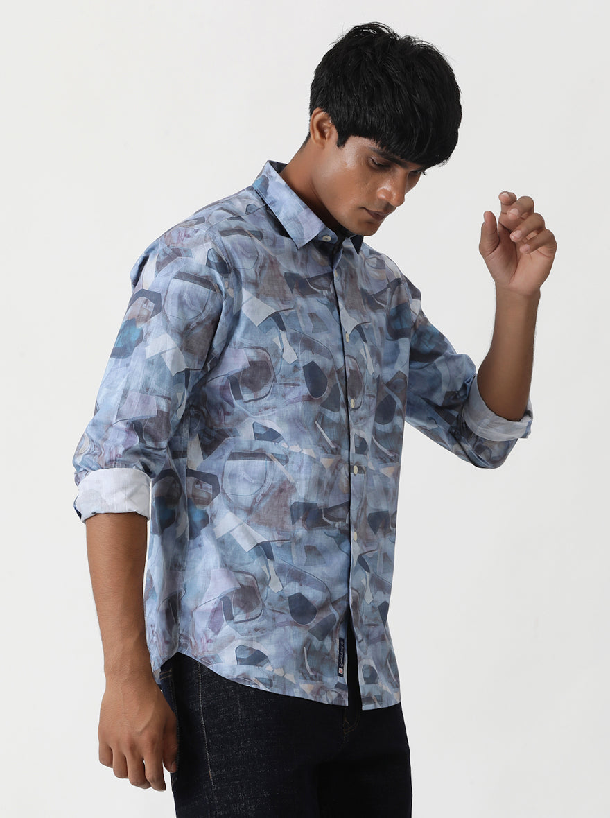 Aqua Blue Printed Slim Fit Casual Shirt | pehervi