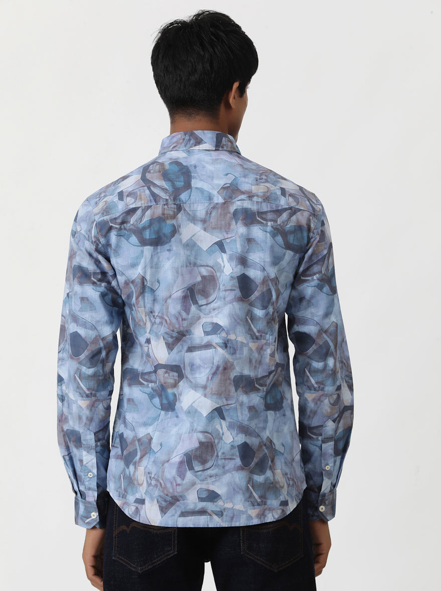 Aqua Blue Printed Slim Fit Casual Shirt | pehervi