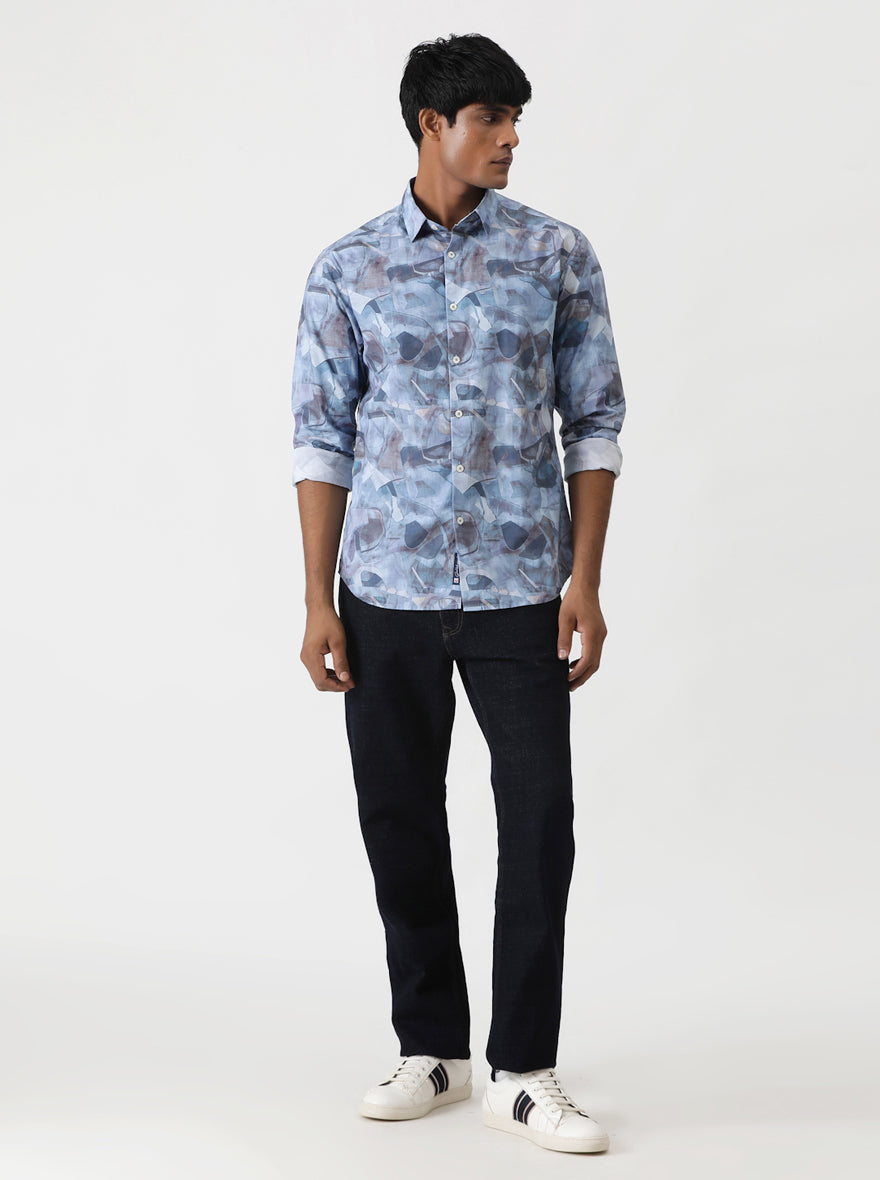 Aqua Blue Printed Slim Fit Casual Shirt | pehervi
