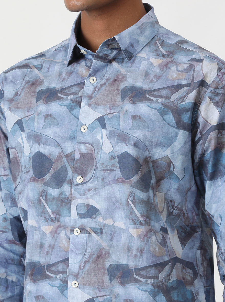 Aqua Blue Printed Slim Fit Casual Shirt | pehervi