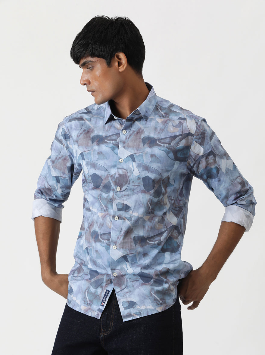 Aqua Blue Printed Slim Fit Casual Shirt | pehervi