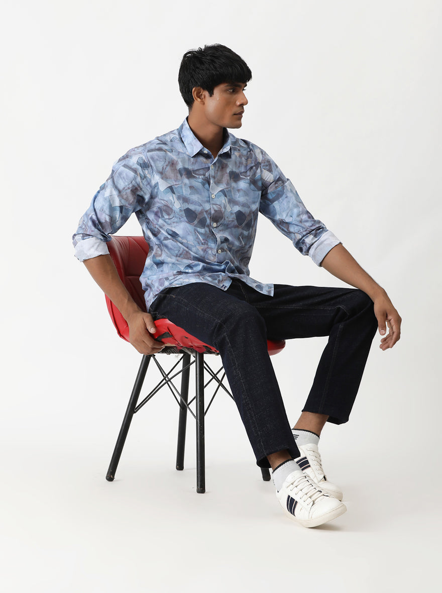 Aqua Blue Printed Slim Fit Casual Shirt | pehervi