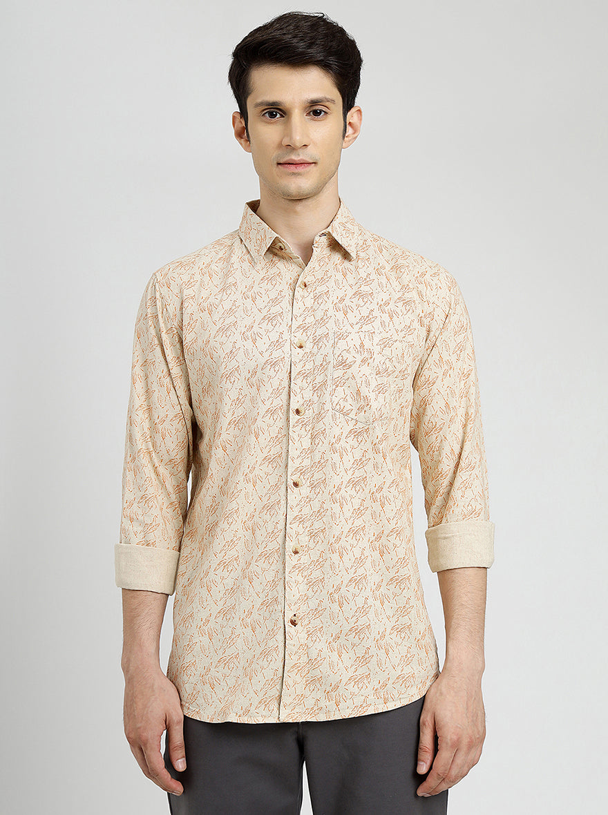 Beige Printed Slim Fit Casual Shirt | pehervi