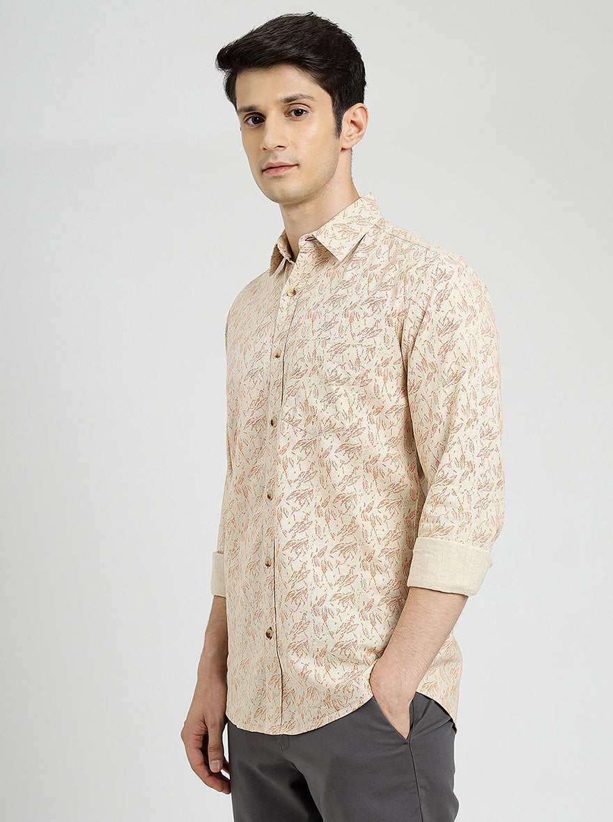 Beige Printed Slim Fit Casual Shirt | pehervi