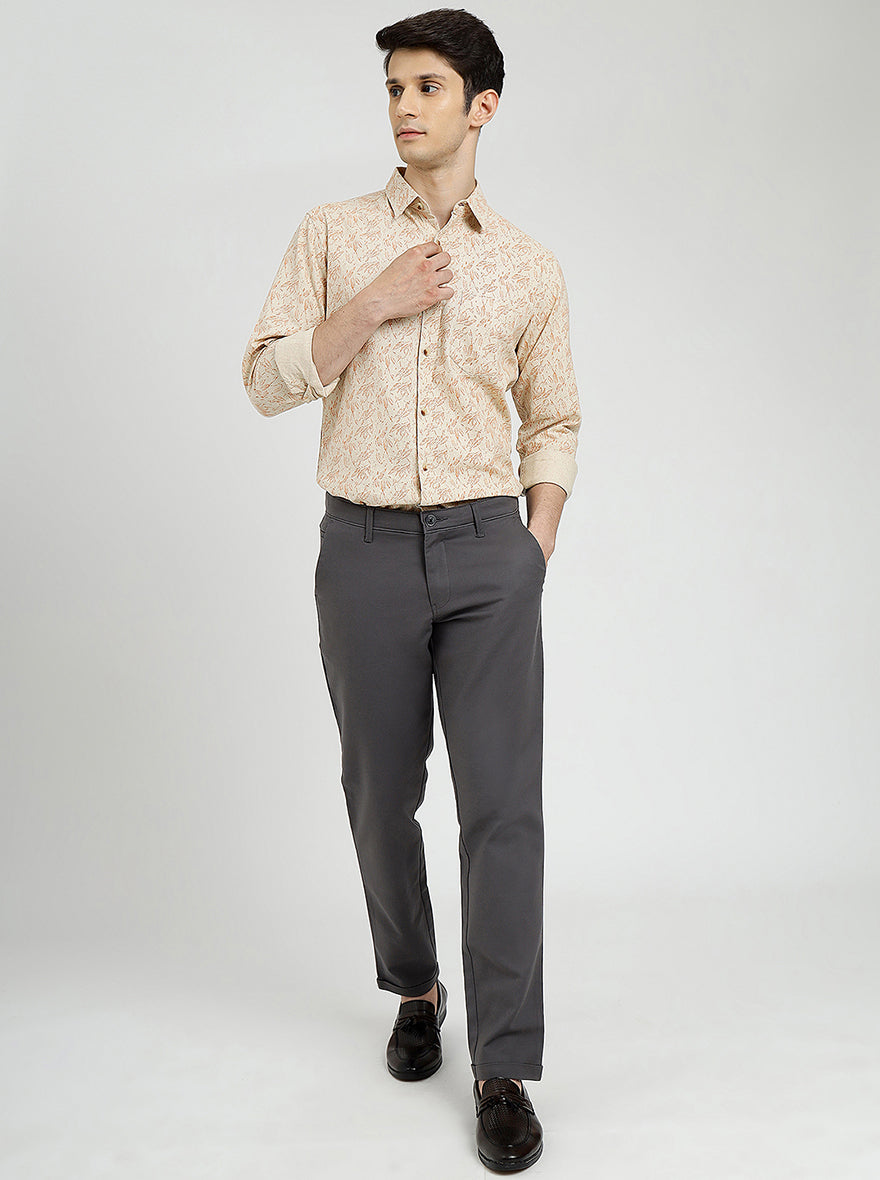 Beige Printed Slim Fit Casual Shirt | pehervi