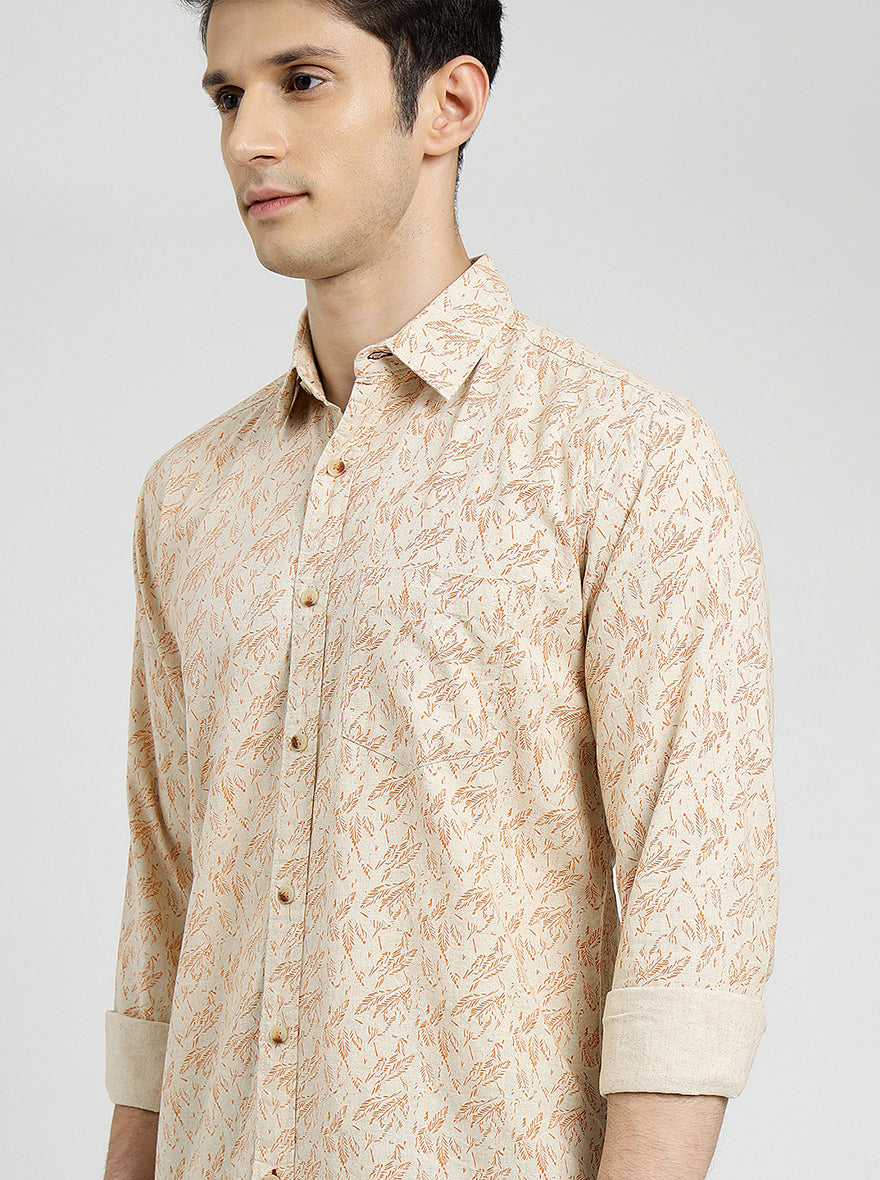 Beige Printed Slim Fit Casual Shirt | pehervi