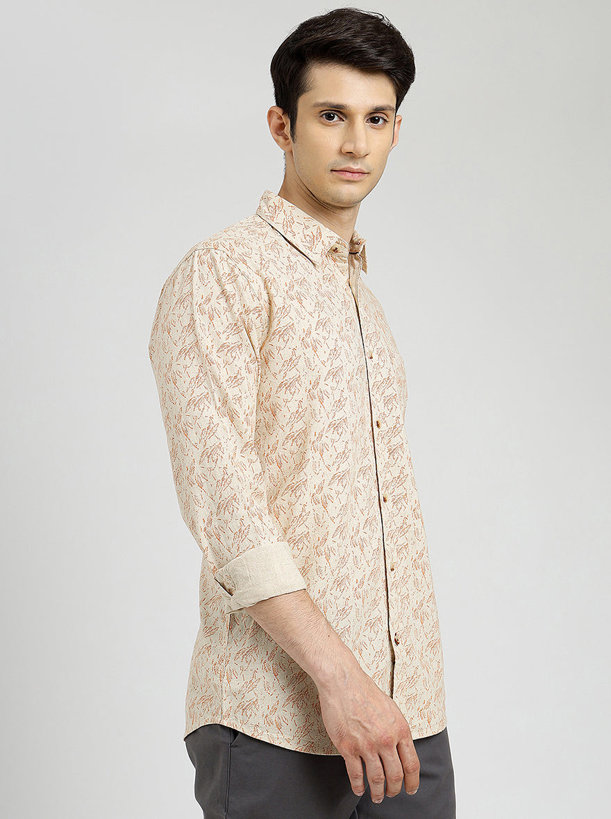 Beige Printed Slim Fit Casual Shirt | pehervi
