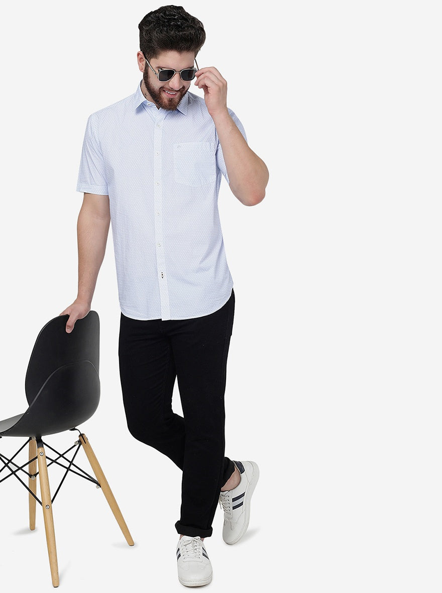 Azure Blue Printed Smart Fit Semi Casual Shirt | Pehervi