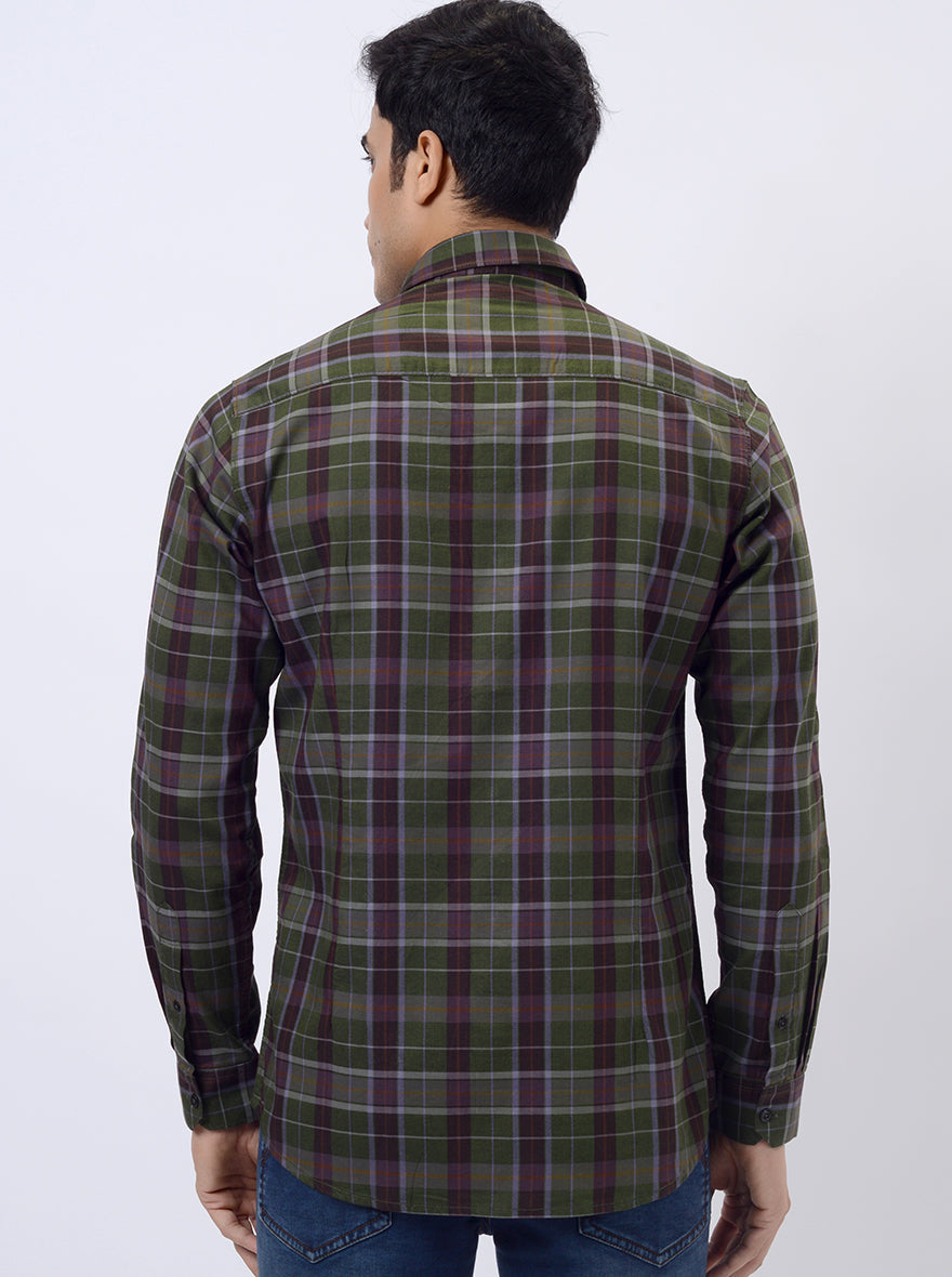 Green Checked Slim Fit Casual Shirt | pehervi