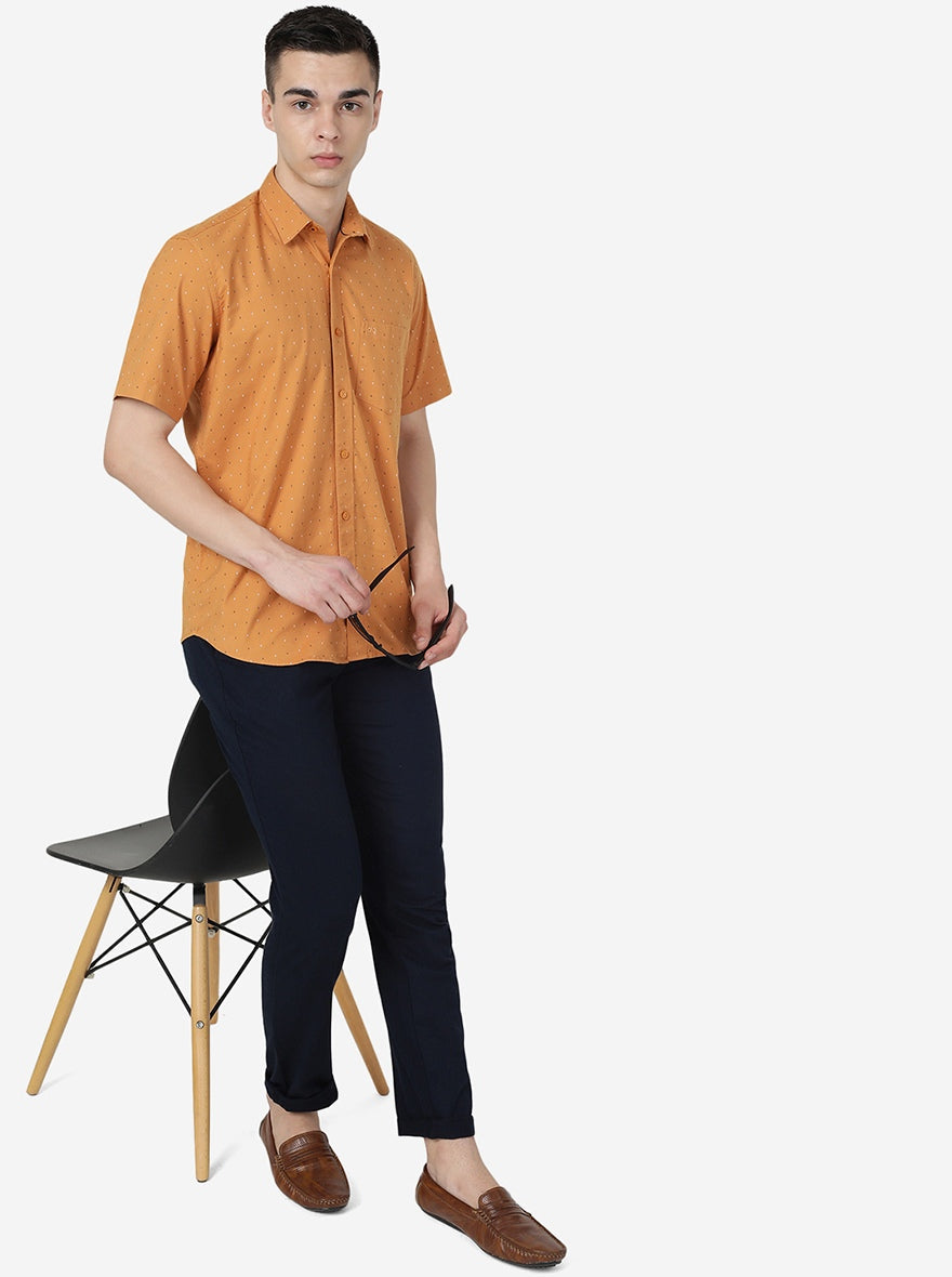 Apricot Orange Printed Slim Fit Semi Casual Shirt | Pehervi