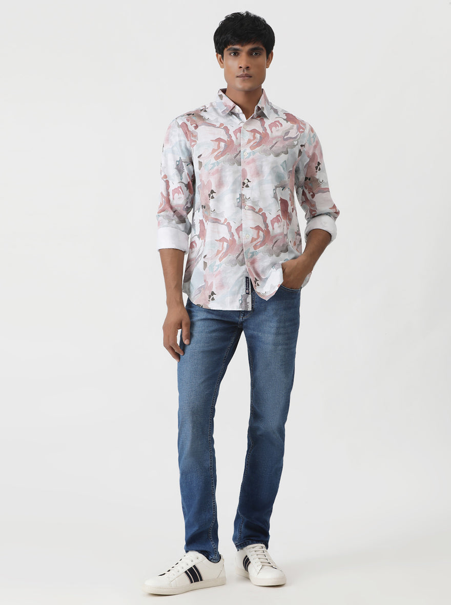 Dusky Pink Printed Slim Fit Casual Shirt | pehervi