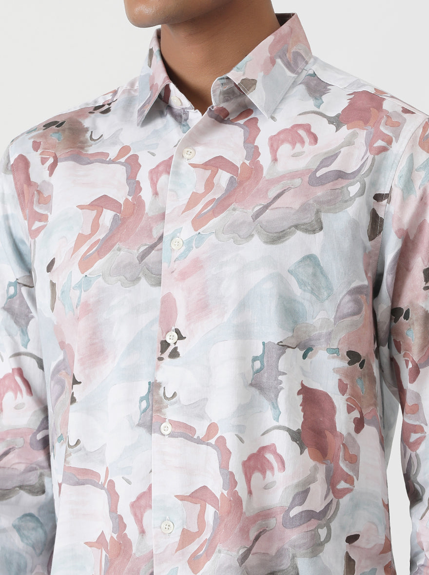 Dusky Pink Printed Slim Fit Casual Shirt | pehervi
