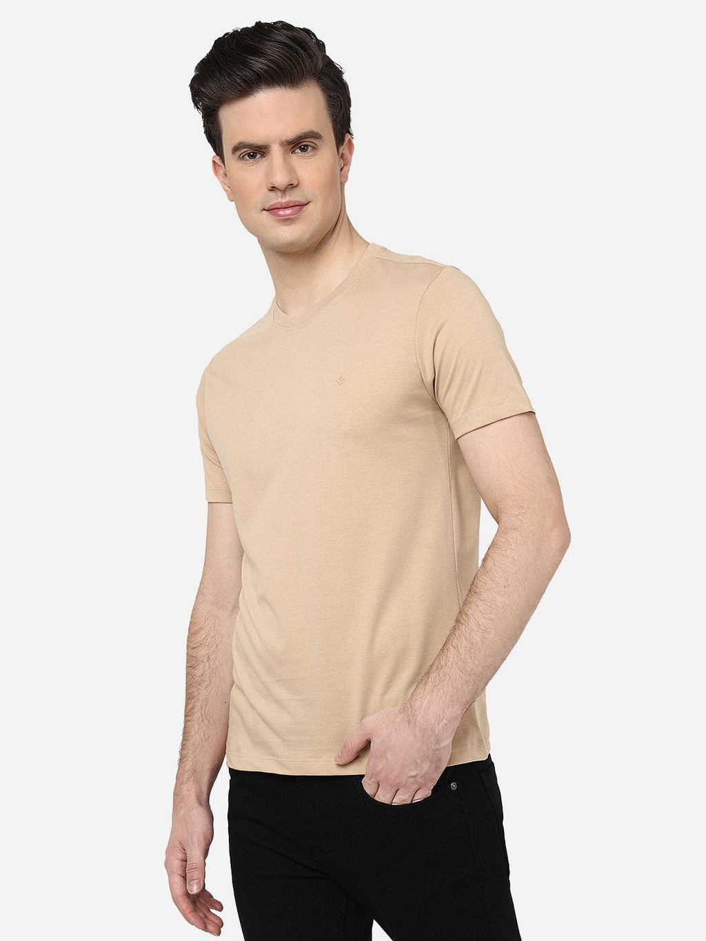 Beige Solid Slim Fit T-Shirt | pehervi