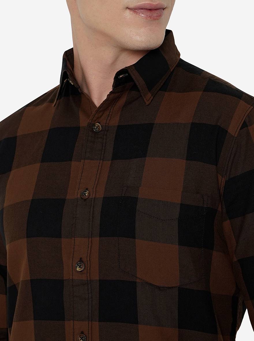 Brown & Navy Blue Checked Slim Fit Semi Casual Shirt | Pehervi