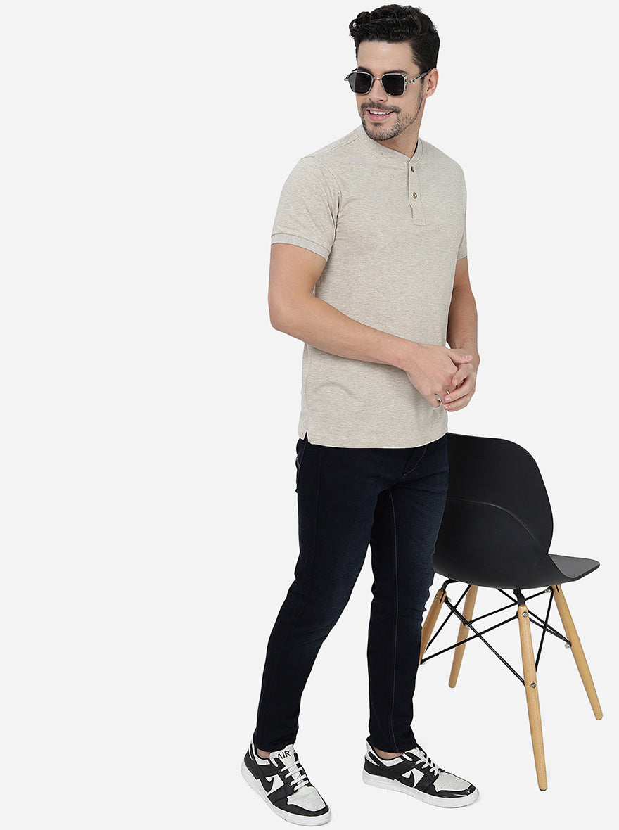 Beige  Solid Slim Fit T-Shirt | pehervi