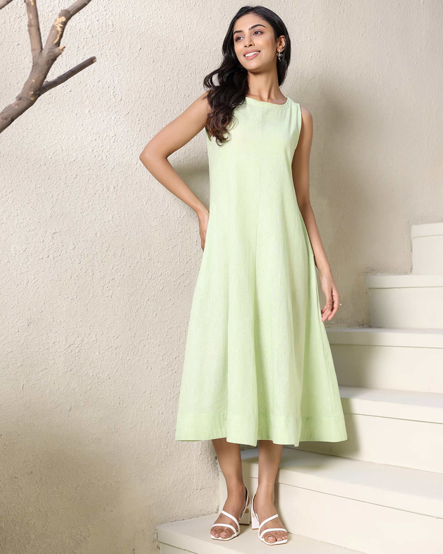 A-line Mint Cotton Midi Dress