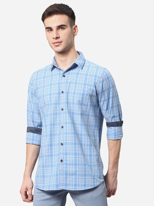 Air Blue Checked Slim Fit Semi Casual Shirt | Pehervi