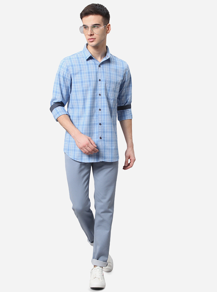 Air Blue Checked Slim Fit Semi Casual Shirt | Pehervi