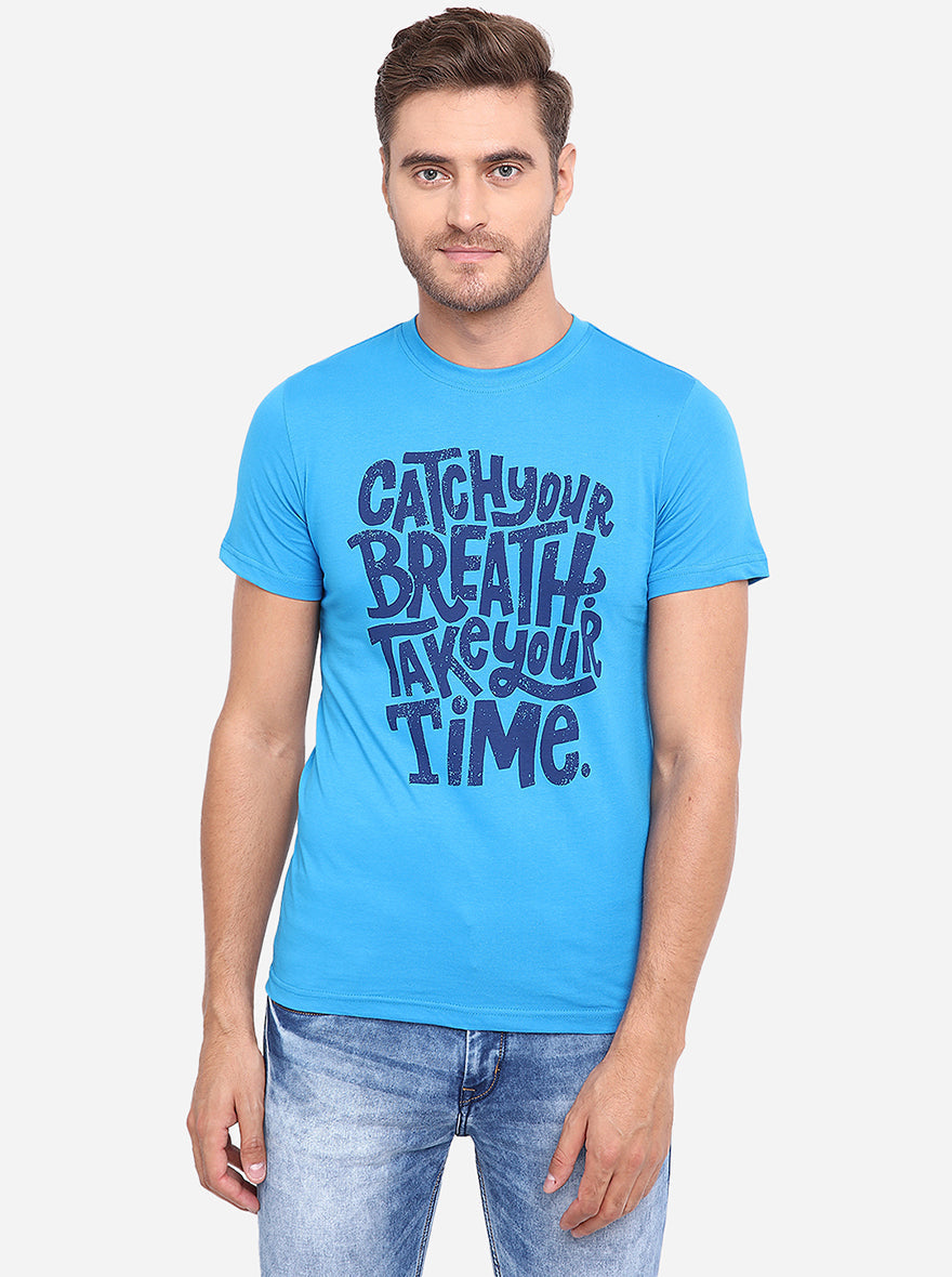 Aster Blue Printed Slim Fit T-Shirt | pehervi