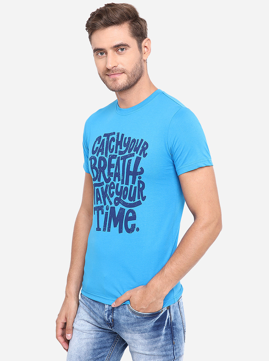 Aster Blue Printed Slim Fit T-Shirt | pehervi