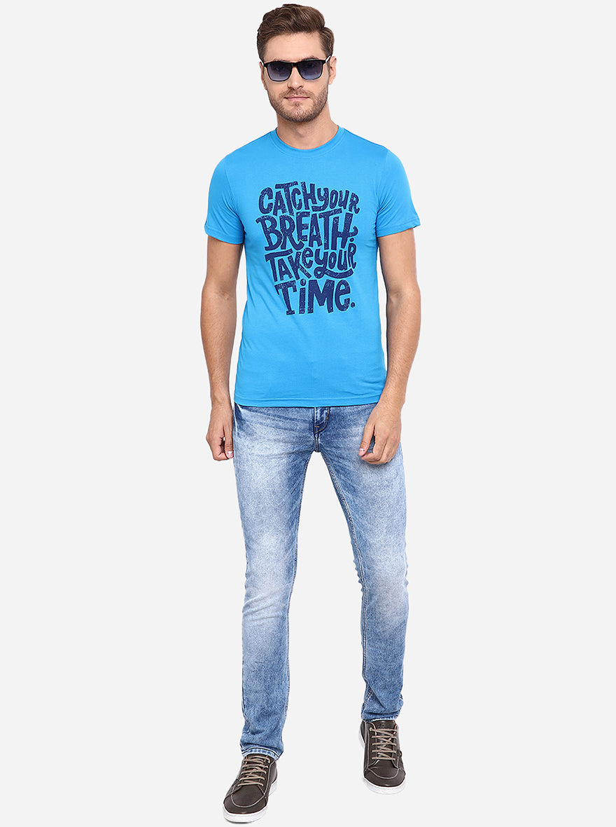 Aster Blue Printed Slim Fit T-Shirt | pehervi