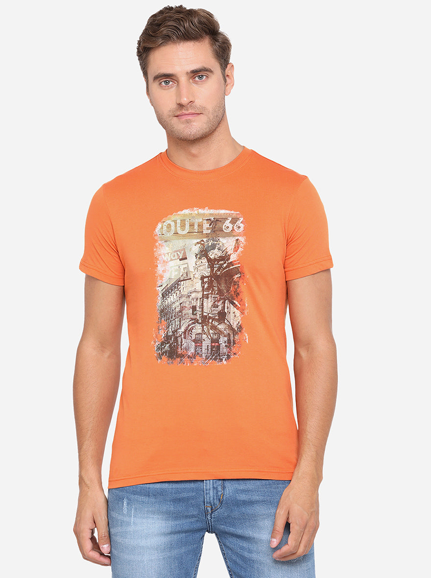 Apricot Orange Printed Slim Fit T-Shirt | pehervi