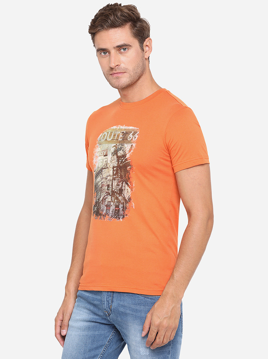 Apricot Orange Printed Slim Fit T-Shirt | pehervi