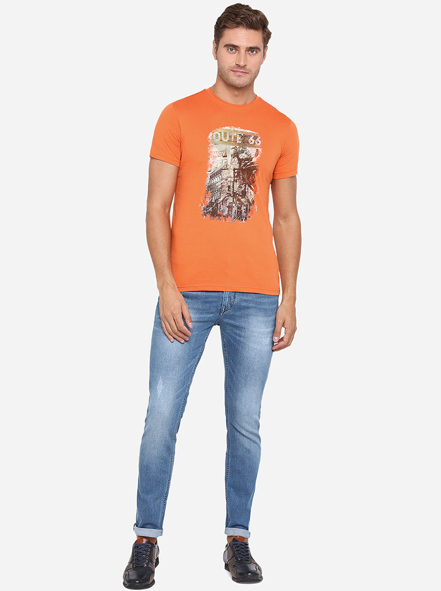 Apricot Orange Printed Slim Fit T-Shirt | pehervi