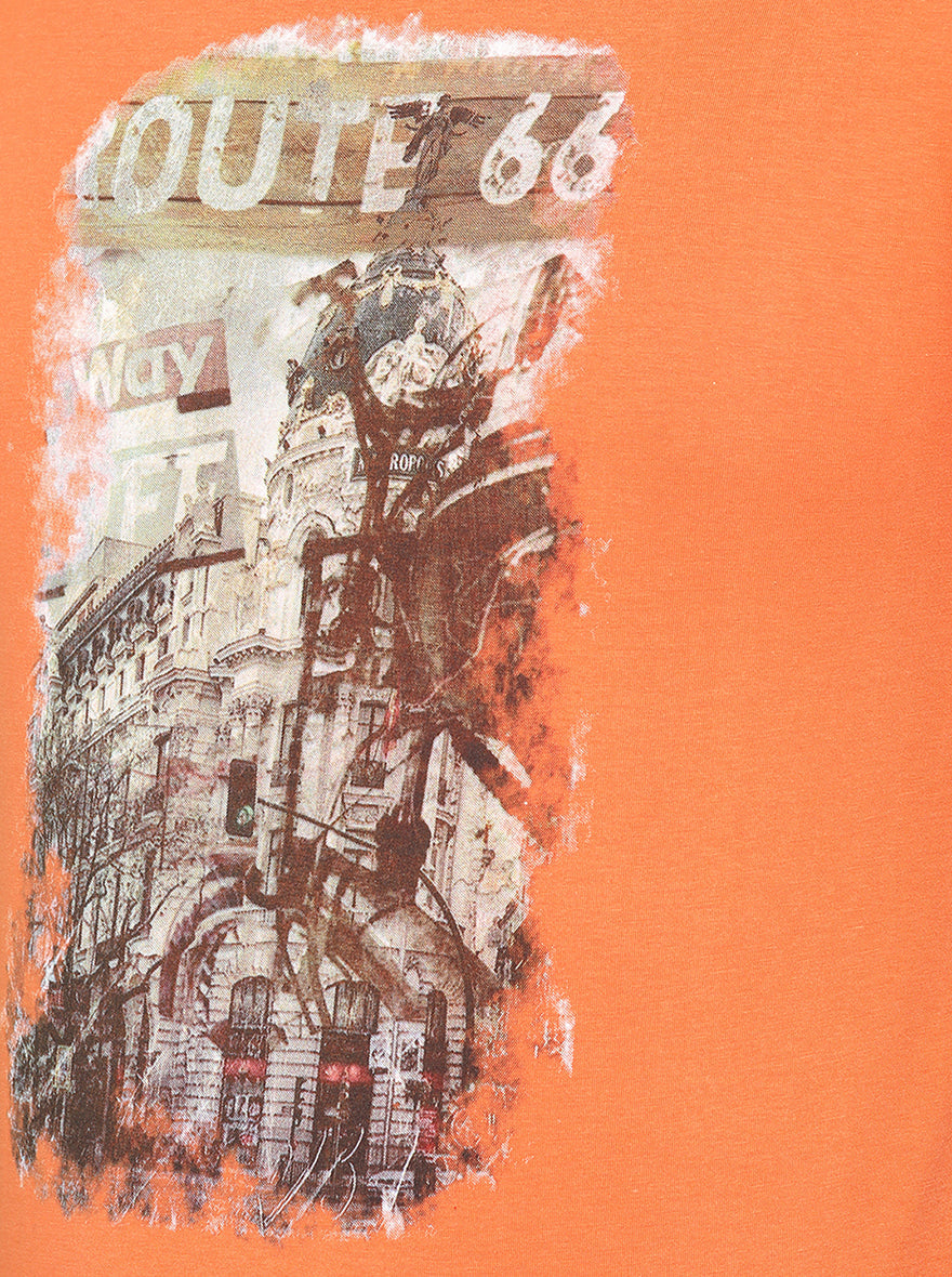 Apricot Orange Printed Slim Fit T-Shirt | pehervi
