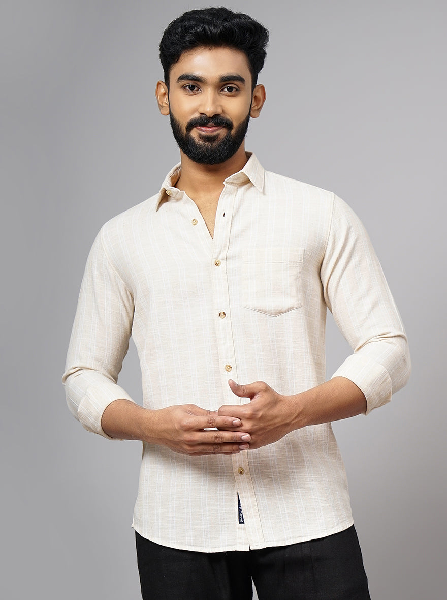 Beige Striped Slim Fit Casual Shirt | pehervi