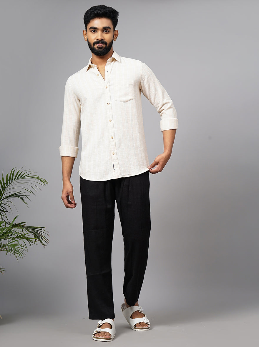 Beige Striped Slim Fit Casual Shirt | pehervi