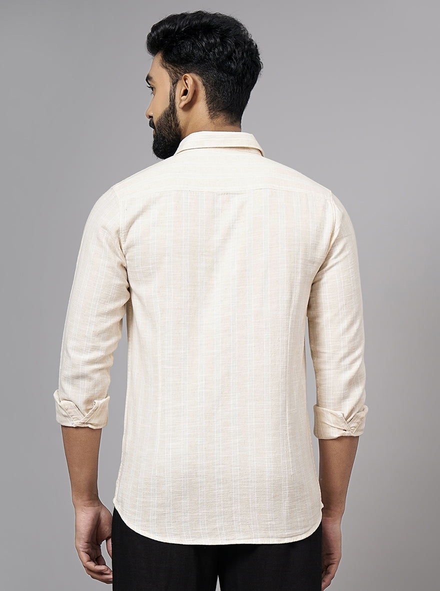 Beige Striped Slim Fit Casual Shirt | pehervi