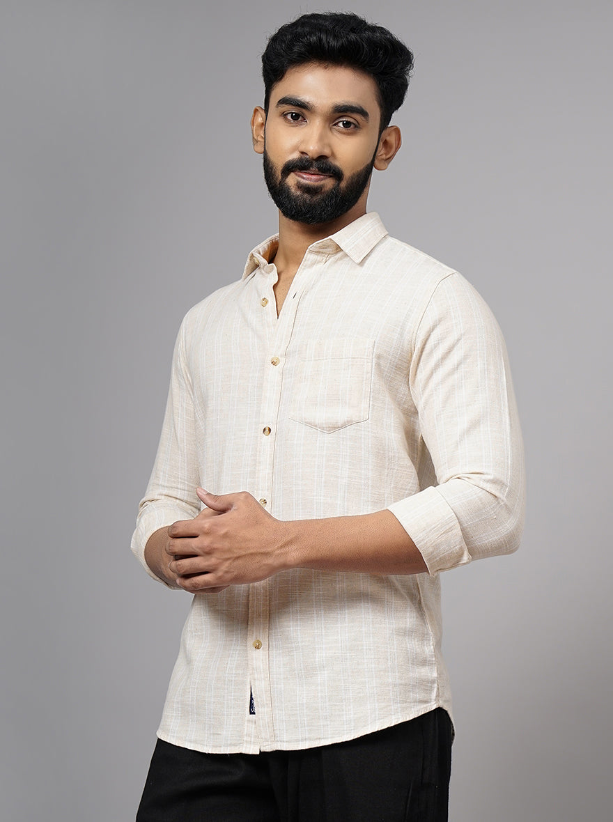 Beige Striped Slim Fit Casual Shirt | pehervi