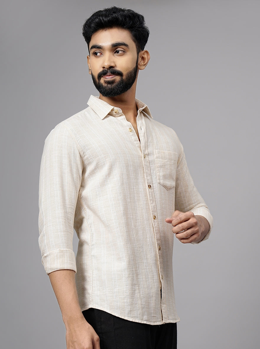Beige Striped Slim Fit Casual Shirt | pehervi