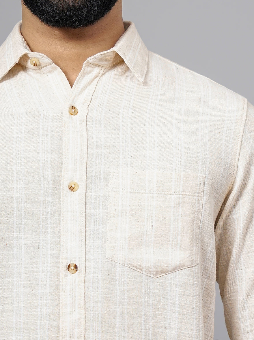 Beige Striped Slim Fit Casual Shirt | pehervi