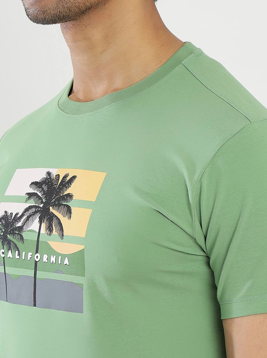 Green Printed Slim Fit T-Shirt | pehervi