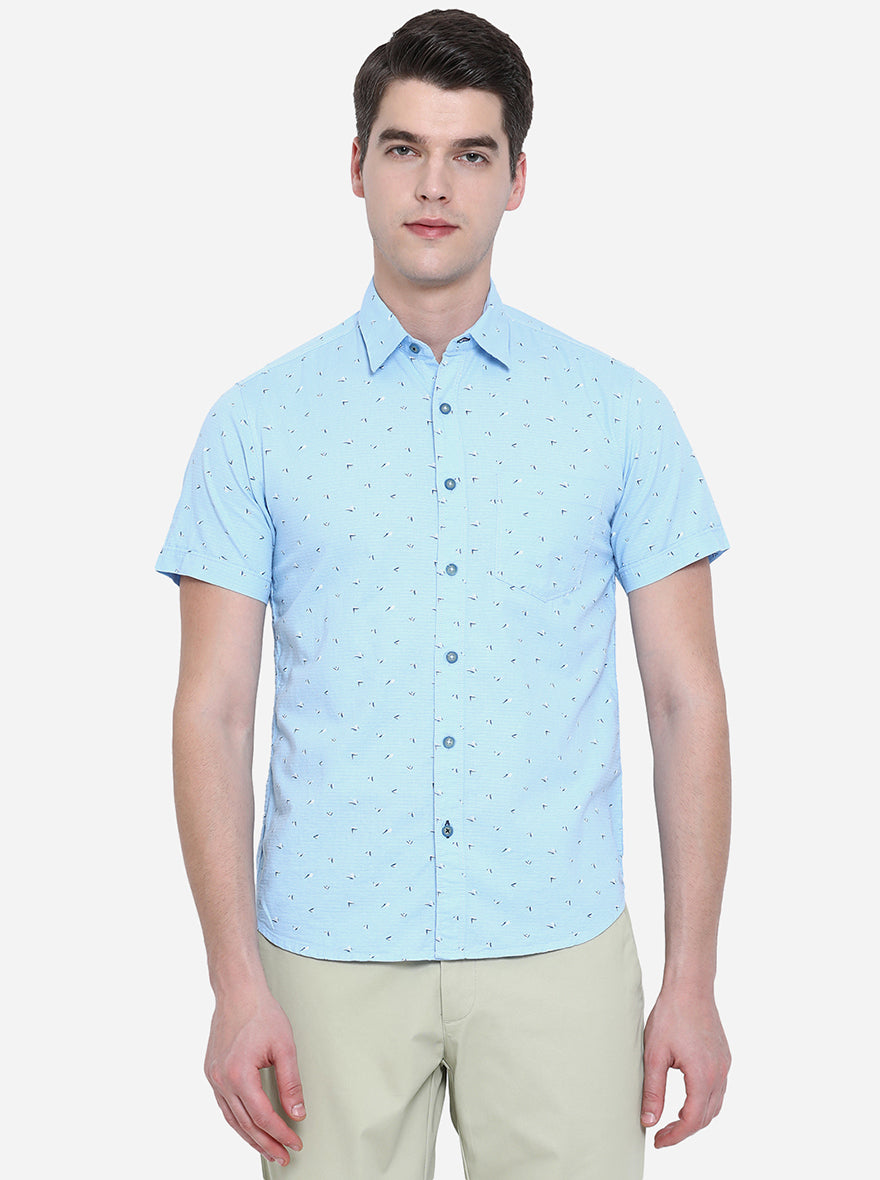 Air Blue Printed Slim Fit Semi Casual Shirt | Pehervi