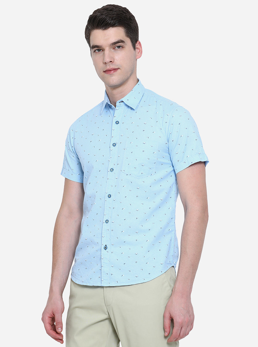 Air Blue Printed Slim Fit Semi Casual Shirt | Pehervi
