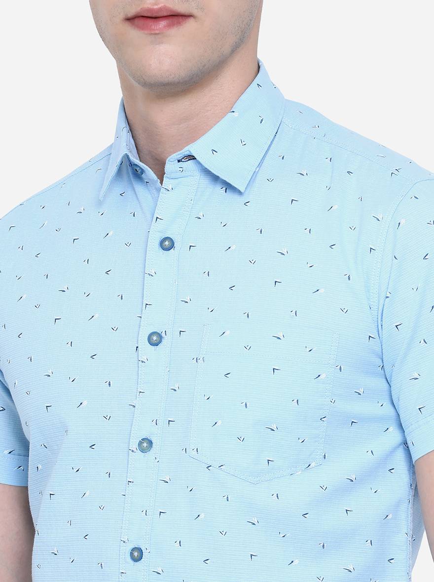Air Blue Printed Slim Fit Semi Casual Shirt | Pehervi