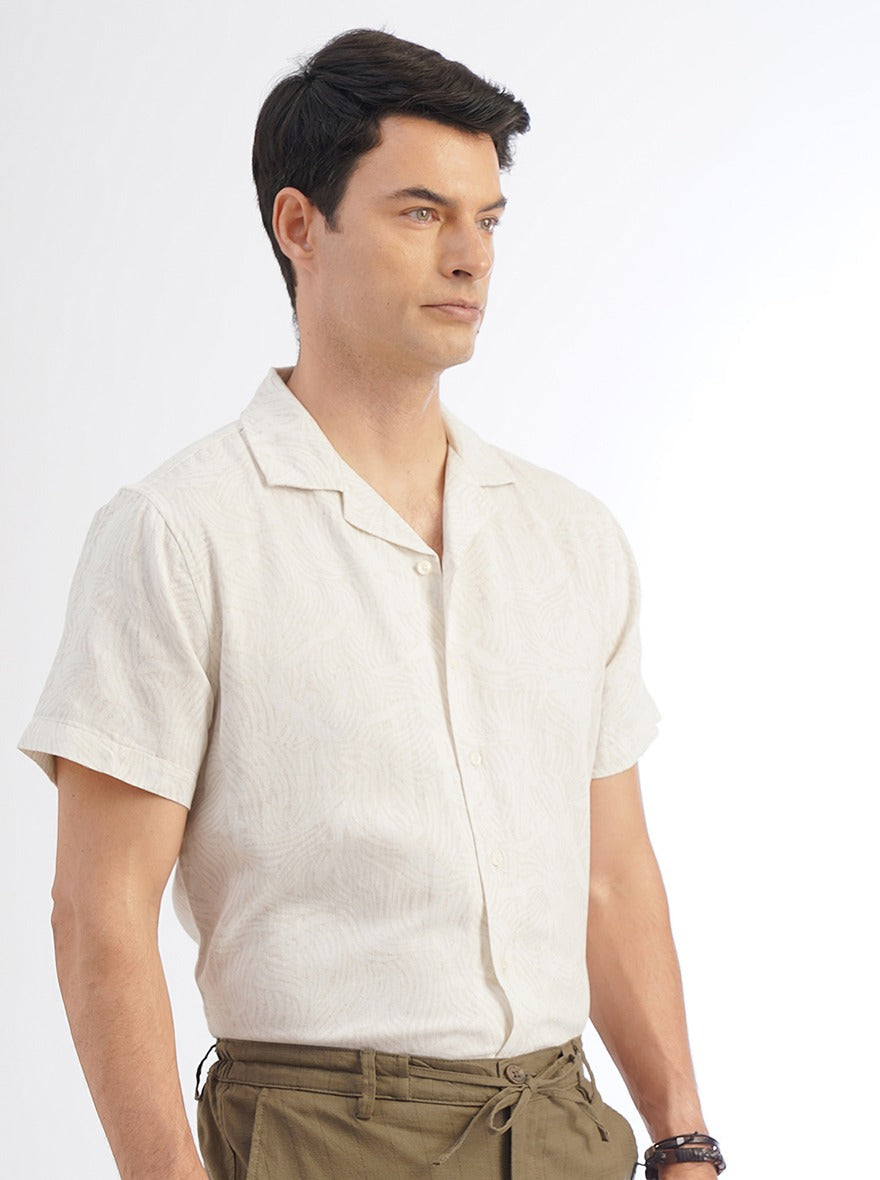 Beige Printed Slim Fit Casual Shirt | pehervi