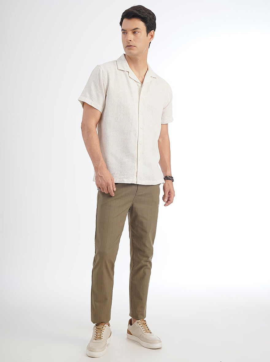 Beige Printed Slim Fit Casual Shirt | pehervi